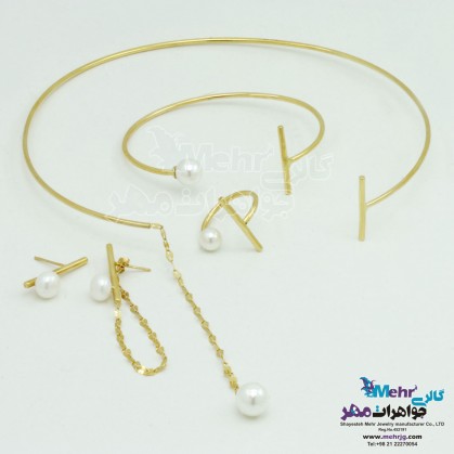 سرویس طلا - گردنبند و گوشواره و دستبند و انگشتر - طرح مروارید نشان-SS0365